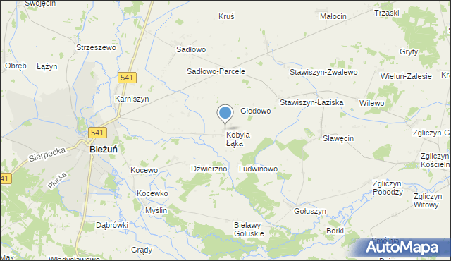 mapa Kobyla Łąka, Kobyla Łąka gmina Bieżuń na mapie Targeo